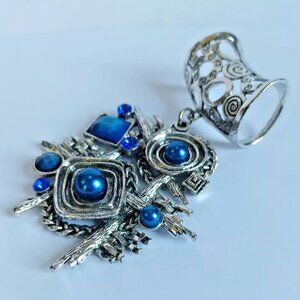 Vintage Signed GB Scarf Slide Holder Ring Pendant SilverTone Faceted Blue Stones